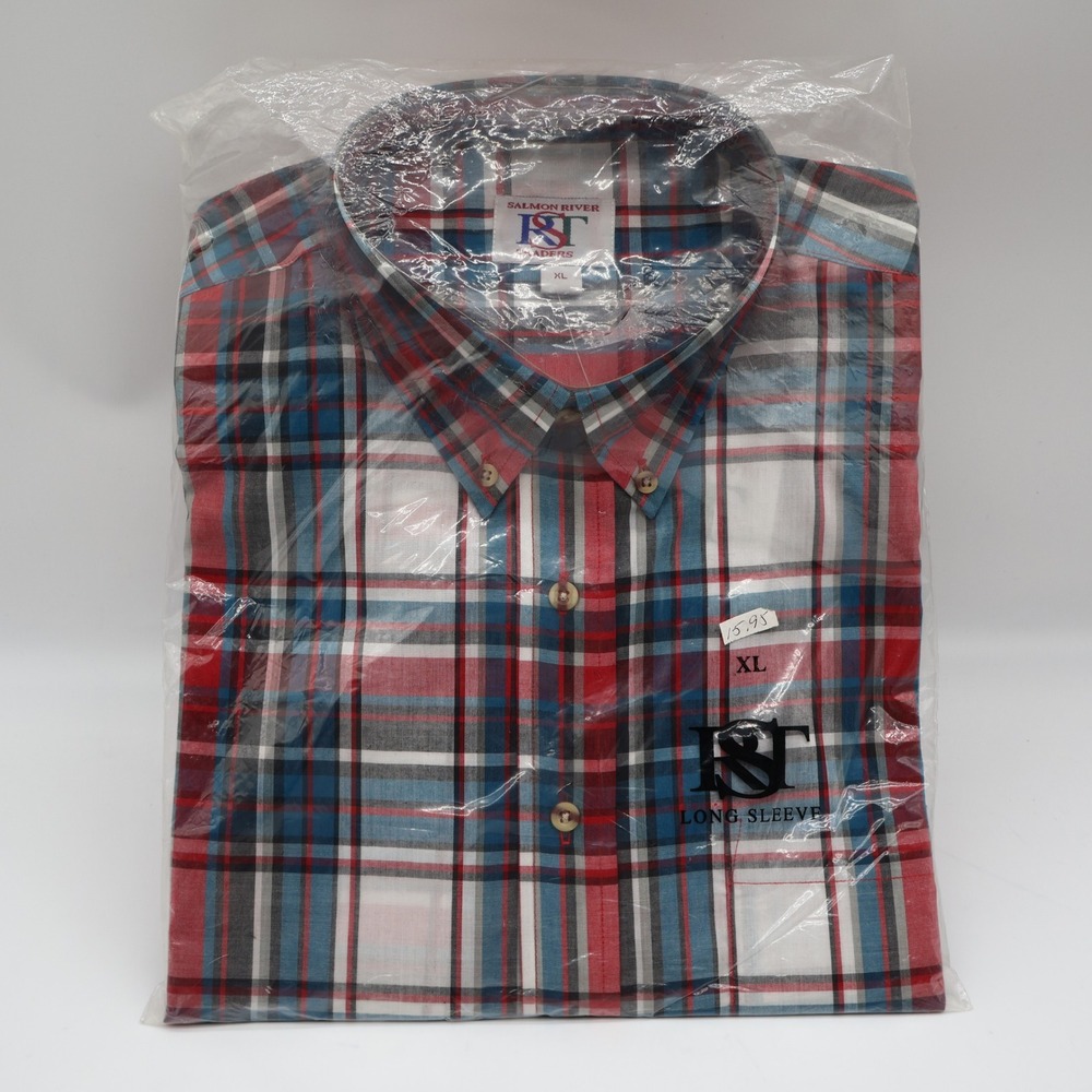 Salmon River Traders Plaid Button Down Mens XL Red Blue White Long Sleeve Shirt